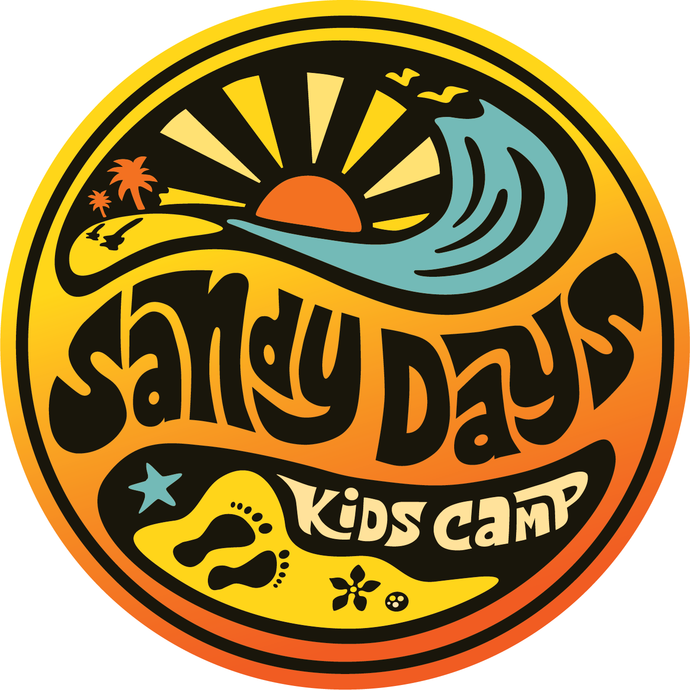 Colorful "Sandy Days Kids Camp" logo with sun and wave.